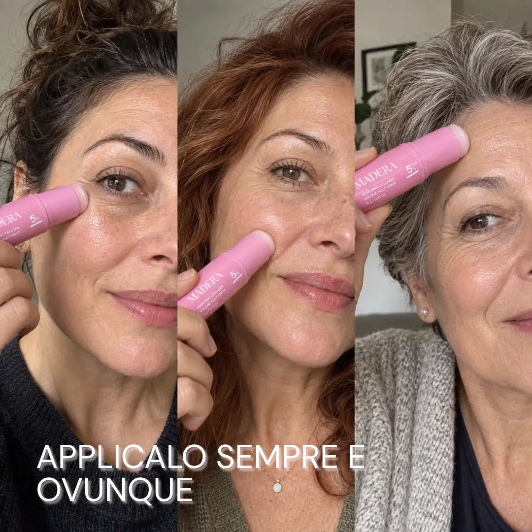 Una donna applica lo stick rosa Madera sulla zona esterna del contorno occhi
