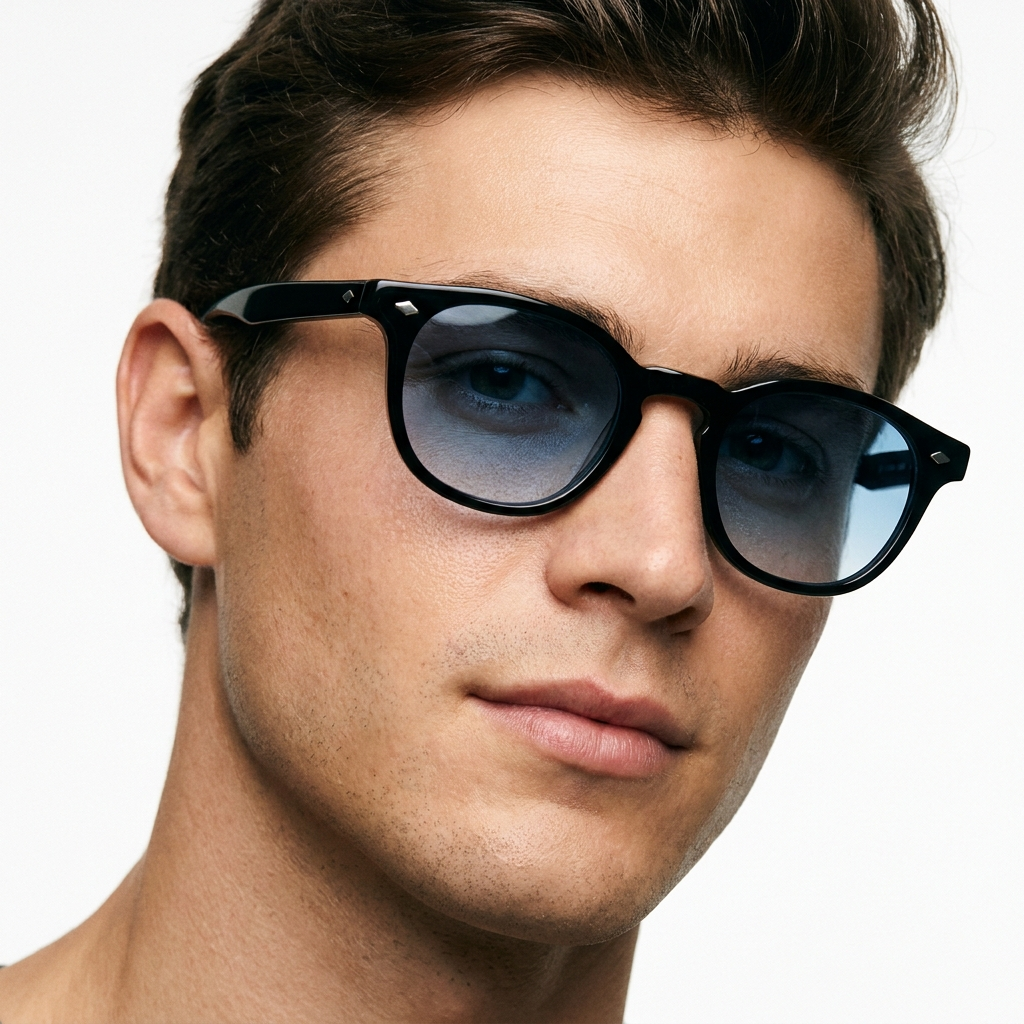 Man wearing Madera Classic Ocean Blue sunglasses, studio white background