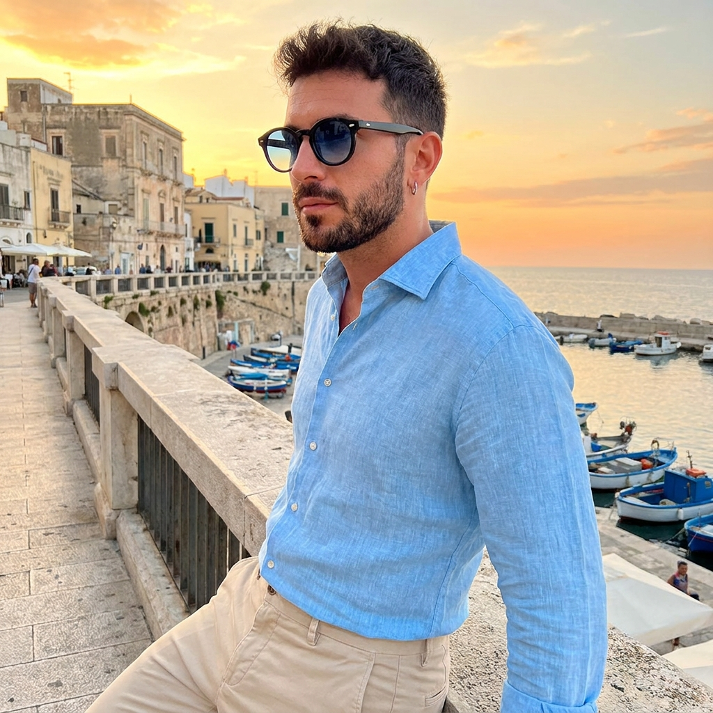Man wearing Madera Classic Ocean Blue sunglasses on an Italian seaside at sunset