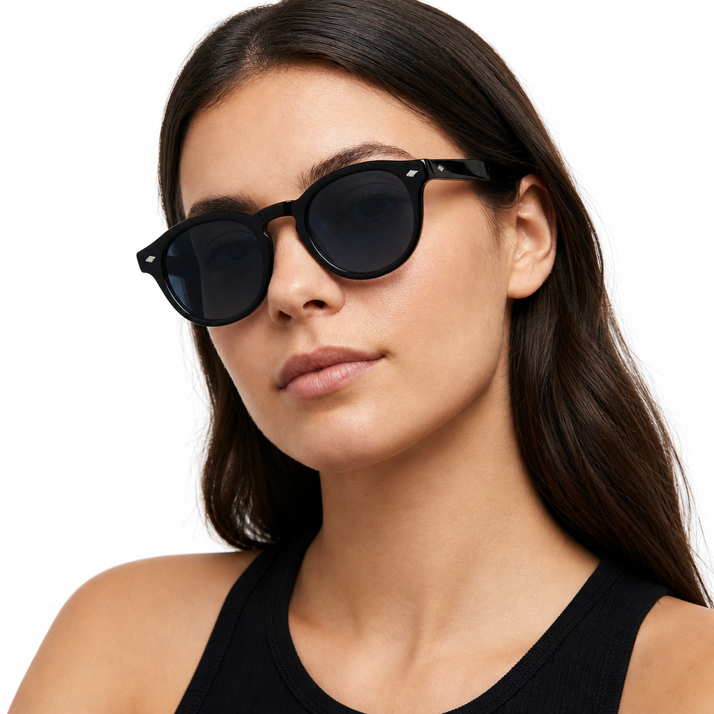 Woman wearing Madera Classic Midnight Black sunglasses, studio