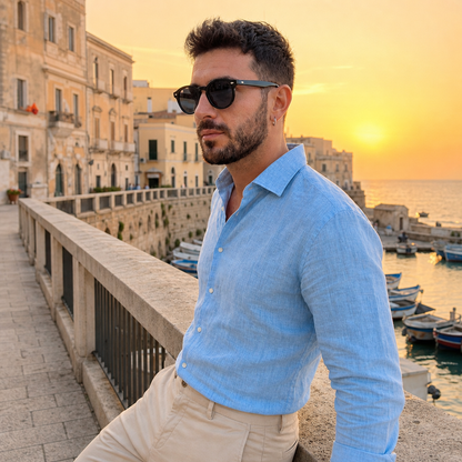 Man wearing Madera Classic Midnight Black sunglasses at the Italian seaside