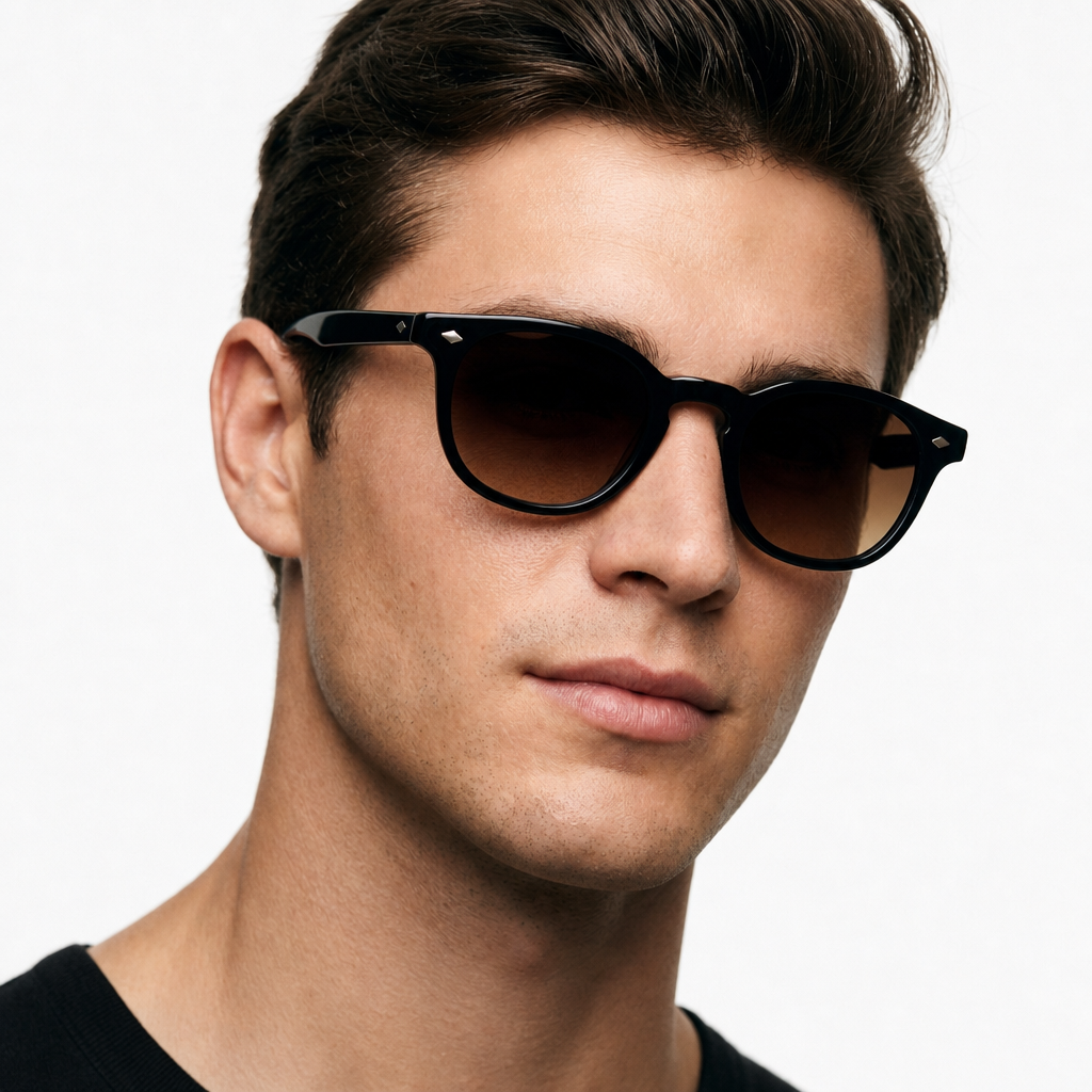 Man wearing Madera Classic Espresso Brown sunglasses, studio