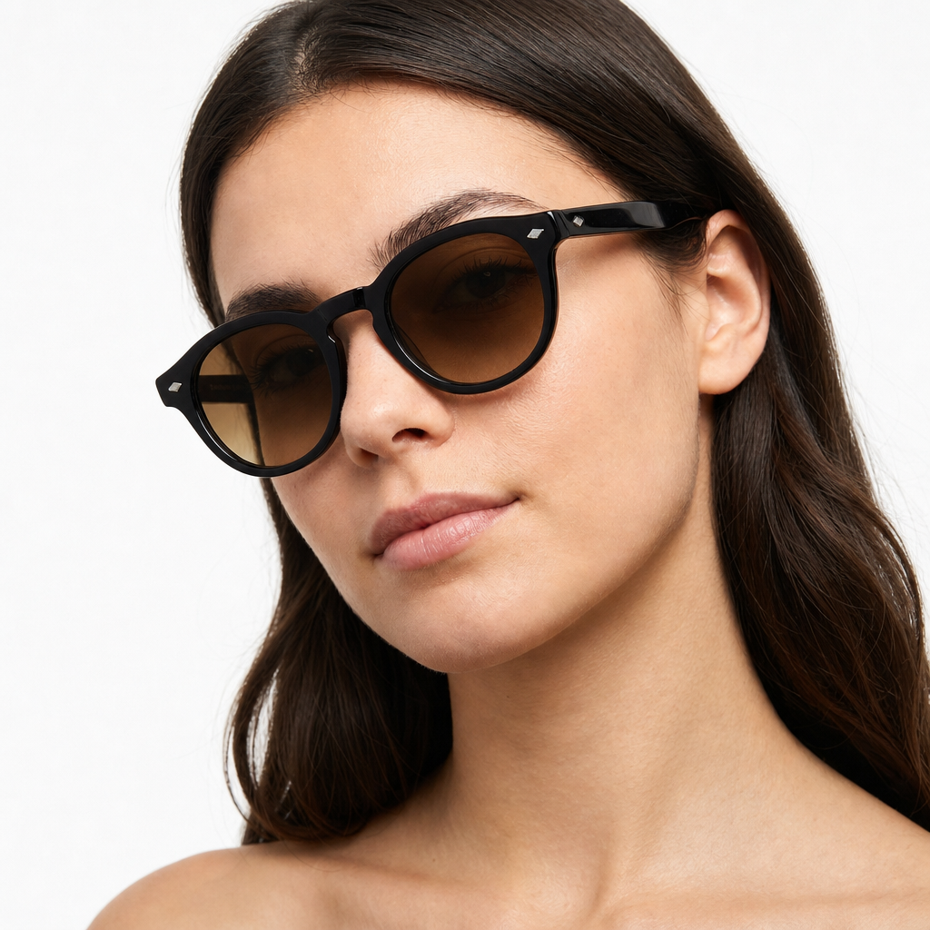 Woman wearing Madera Classic Espresso Brown sunglasses, studio