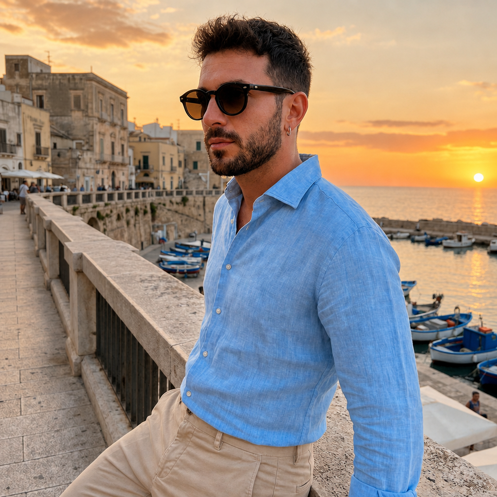 Man wearing Madera Classic Espresso Brown sunglasses at the Italian seaside