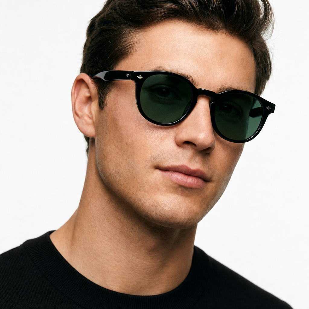Man wearing Madera Classic Forest Green sunglasses, studio