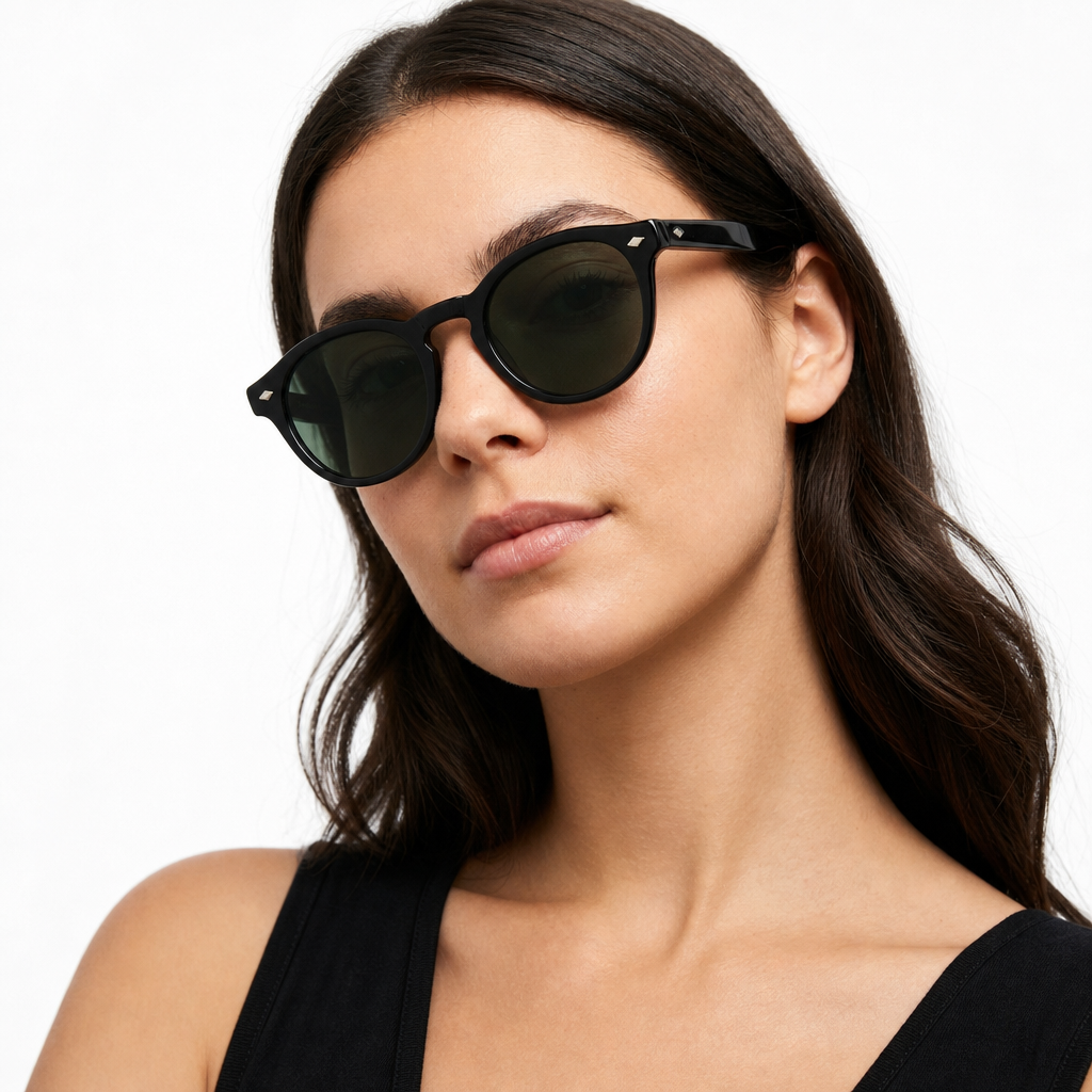 Woman wearing Madera Classic Forest Green sunglasses, studio