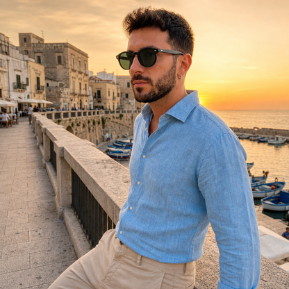 Man wearing Madera Classic Forest Green sunglasses at the Italian seaside
