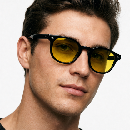 Man wearing Madera Classic Amber Honey sunglasses, studio