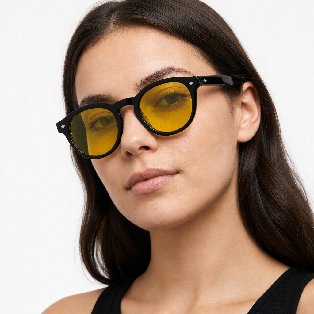 Woman wearing Madera Classic Amber Honey sunglasses, studio