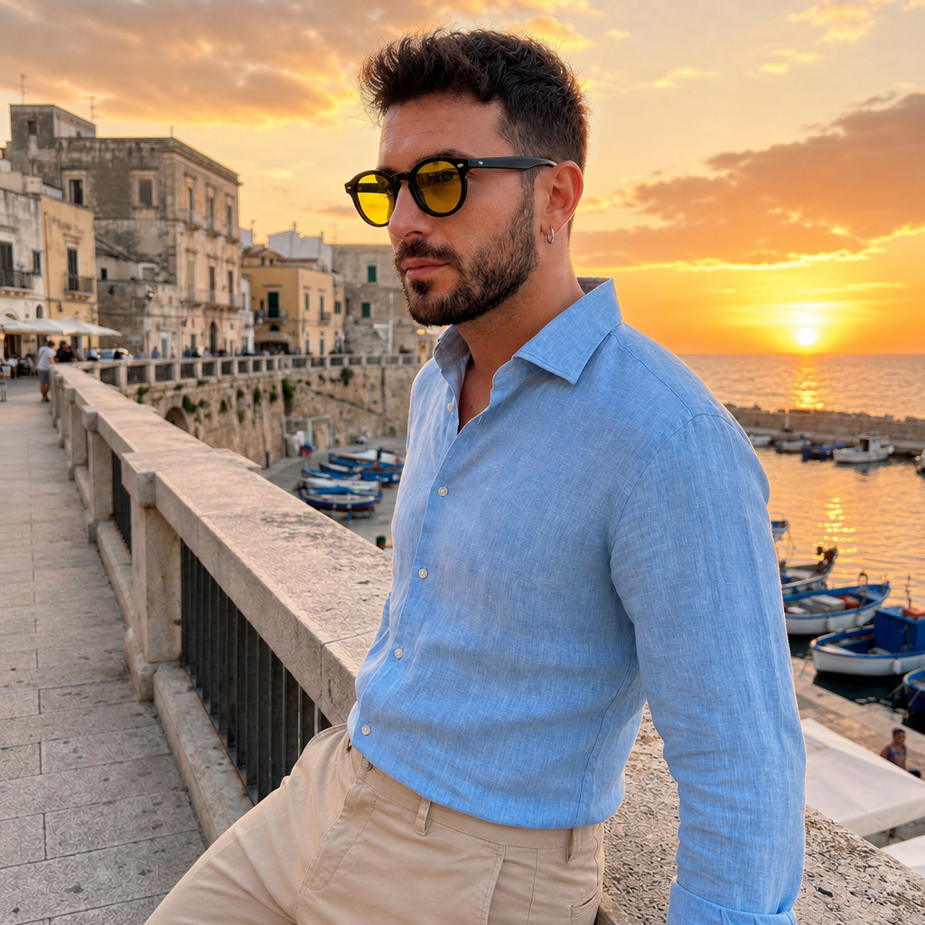 Man wearing Madera Classic Amber Honey sunglasses at the Italian seaside
