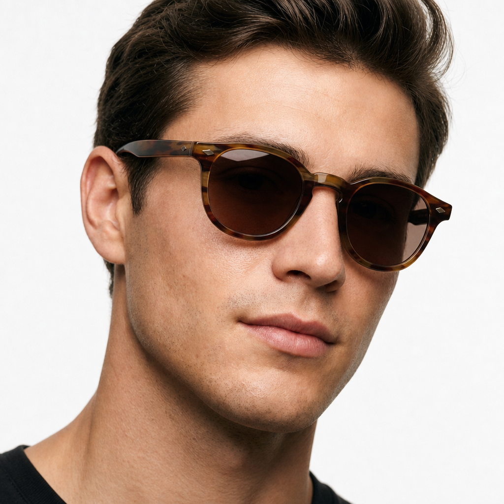 Man wearing Madera Classic Champagne Wood sunglasses, studio