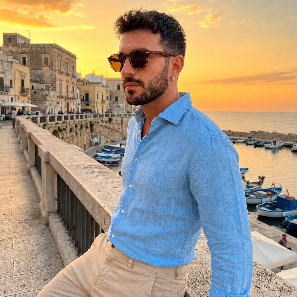 Man wearing Madera Classic Champagne Wood sunglasses at the Italian seaside